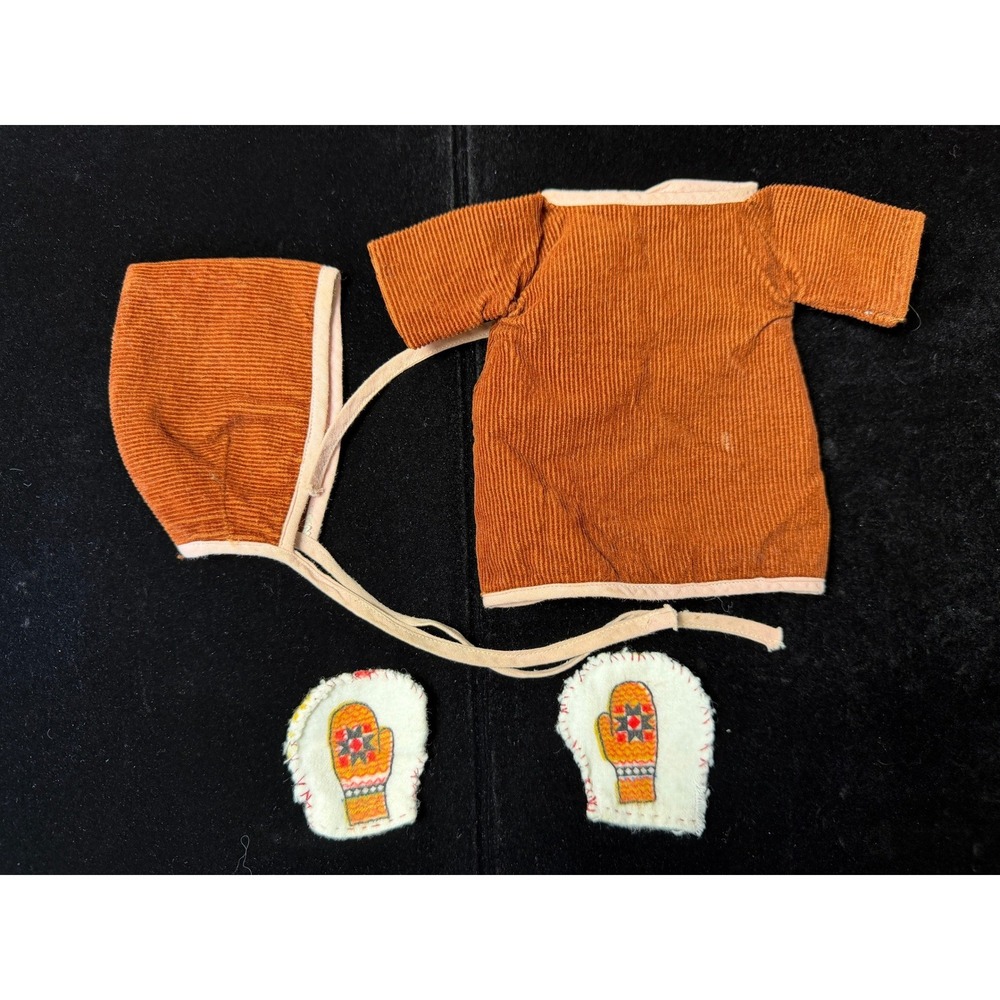 Vintage Burnt Orange Corduroy‎ Doll Outfit Set Jacket Bonnet Mittens 4 Piece